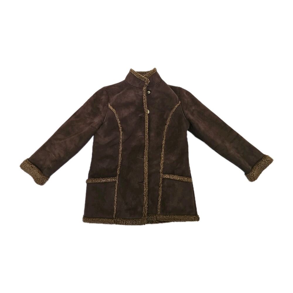 LL Bean Jacket Womens Small Brown Faux Suede Sherpa Lined Pockets Hiking Fur
